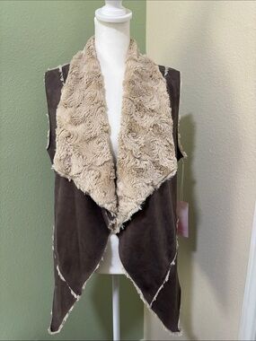 One the Land Light Brown Beige Faux Fur Lined Cowboy Open Collar Vest Large Soft